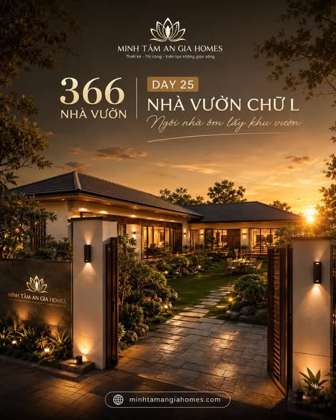 Phối cảnh sân vườn xanh bao quanh ngôi nhà chữ L