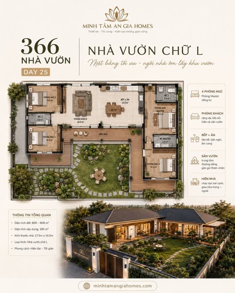 Phối cảnh kiến trúc nhà vườn chữ L hiện đại